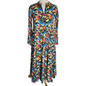 NWT Briton Court Long Sleeve Button Front Midi Dress Floral Bird Print XS
